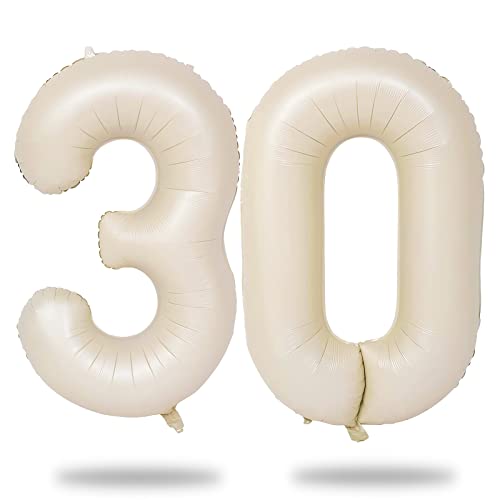 Beige 30 Balloon Numbers, 40 Inch Large Cream Foil Number 3 & 0 Balloons for Women, Self Inflating 30th Birthday Balloons for 30 Year Old Men Anniversary Birthday Party Decorations Supplies