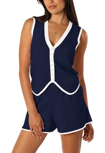 Pink Queen Women's Vest Sets Women 2 Piece Outfits 2025 Summer Casual Knit Loungewear Sleeveless Button Down Top Matching Shorts Set Navy S