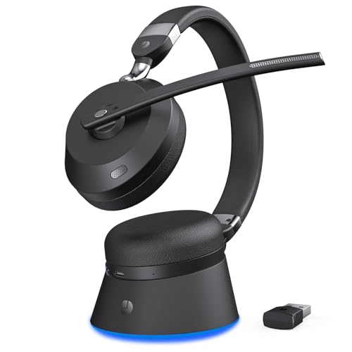 Wireless Headset with Mic for Work, Bluetooth Headphones with Microphone (Noise Cancelling) & Charging Base, Wireless Headset for Work from Home/Office/Call Center/PC/Computer/Teams/Zoom/Skype/Laptop