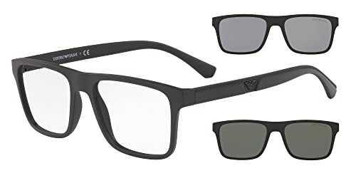 Emporio Armani Men's EA4115 Prescription Eyewear Frames with Two Interchangeable Sun Clip-Ons Rectangular, Matte Black/Clear/Light Grey/Dark Grey, 54 mm