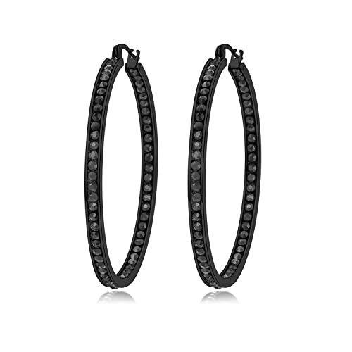 CiNily Black Gold Plated Stainless Steel Hoop Earrings for Women All Black Cubic Zirconia Big Hoop Earrings 2" 50 mm