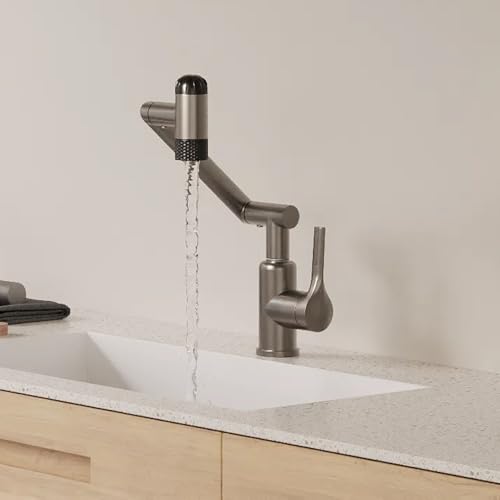 Hawkrown 1080° Rotatable Bathroom Faucet, 1 Hole Single Handle with 4 Water Outlet Modes, Brushed Gray Swivel Arm Faucet for Bathroom Kitchen and RV