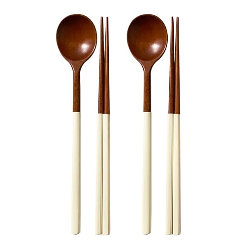 Korea Traditional Lacquer Wooden Chopsticks and Spoon Set Reusable, 2 Pair, Ivory