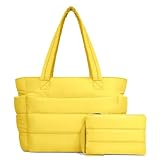 TOPDesign Puffer Tote Bag for Women, Lightweight Puffy Handbag with Compartments & Cosmetic Bag, Quilted Shoulder Bags for Work, Travel, Gym, Gifting (M Bright Yellow)