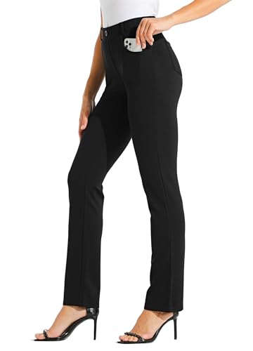 Willit 29" Women's Yoga Dress Pants Straight Leg Work Slacks Stretchy Office Casual Pants 4 Pockets Belt Loops Black M