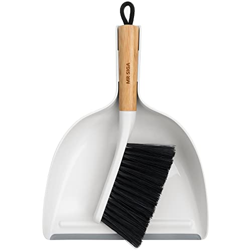 MR.SIGA Dustpan and Brush Set, Portable Cleaning Brush and Dustpan Combo with Bamboo Handle, White, 1 Set