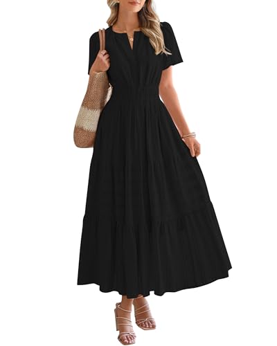 BTFBM Womens Summer 2025 Casual Midi Maxi Dresses Lightweight Short Sleeve V Neck Elastic Waist Boho Beach Dress Pockets(Black, Large)