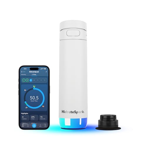 HidrateSpark PRO 2 Smart Water Bottle – 21 oz Insulated Stainless Steel, Tracks Water Intake, Glows & Beeps For Drink Reminder, Bluetooth Sync to App, Chug Lid, BPA-Free, White (with Apple Find My)