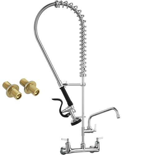 Commercial Faucet with Sprayer, 36" Height 8 Inch Center Brass Constructed Wall Mount Kitchen Sink Faucet with Pull Down Pre-Rinse Sprayer and 12" Swing Spout Fit for 2/3 Compartment Sink