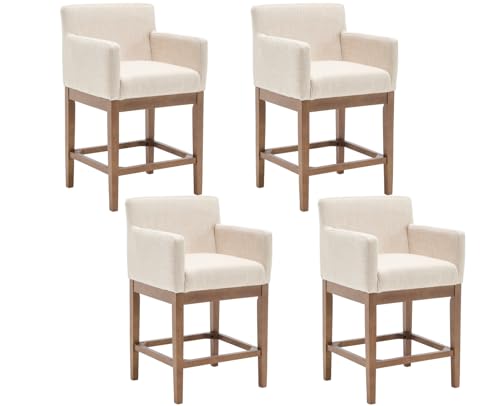 CIMOTA Counter Height Bar Stools Set of 4, Farmhouse 26 Inch Wood Bar Stools with Arms/Back Mid Century Modern Upholstered Barstools Linen Fabric Bar Chairs for Kitchen Island/Counter, Beige