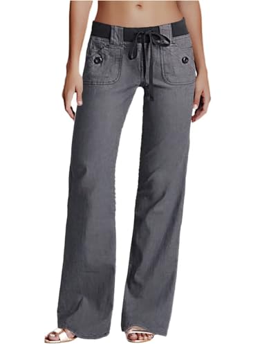 Flamingals Low Rise Cargo Wide Leg Pants for Women Drawstring Flap Pockets Y2K Bow Tie Casual Flare Pants Dark Gray L