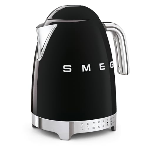 SMEG 7-Cup Variable Temperature Electric Kettle - Retro Style Aesthetic with Advanced Technology - Stainless Steel, 1400W, 120V, 360° Swivel Base, Keep Warm Function (Black)