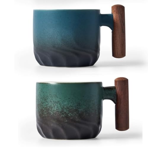 BlogBlog Ceramic Espresso Cups with Wooden Handle Espresso Shot Cups Ceramic Tea Cups Porcelain Demitasse Cups for Coffee or Tea, 3oz (blue&green, 2)