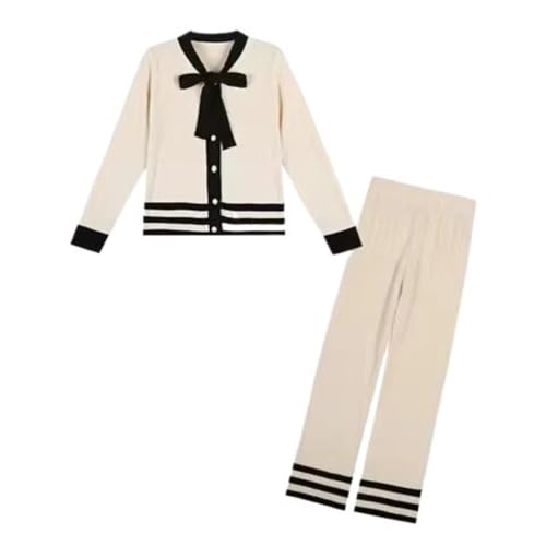 Knitted Two Piece Set Women Autumn Korean Long Sleeve Cardigan Tops Outfits Wide Leg Pants Suits Apricot S