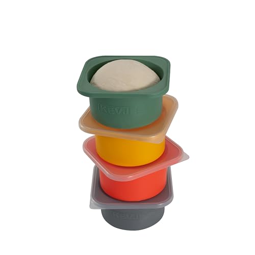 KEVJES PLUS 1000ml Pizza Dough Proofing Containers for DIY family Artisan Pizza, Food Grade Silicone Stackable Boxes with Lids, Freezer, Fridge, Dishwasher Safe,4sets (Green+Space Gray+Yellow+Red)