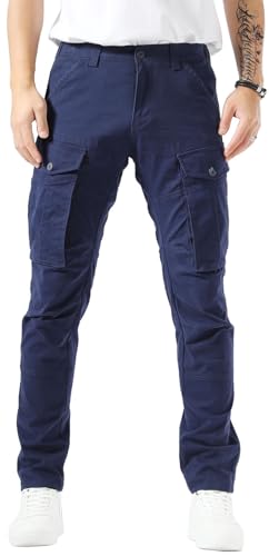 Plaid&Plain Men's and Women's Navy Blue Cargo Pants - Slim Fit, 3D Shape, Articulated Knees, Stretchy Fabric C804 Navy Blue 34WX34L