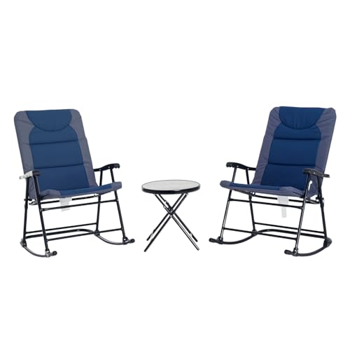 Outsunny 3 Piece Outdoor Patio Furniture Set with Glass Coffee Table & 2 Folding Padded Rocking Chairs, Bistro Style for Porch, Camping, Balcony, Navy Blue