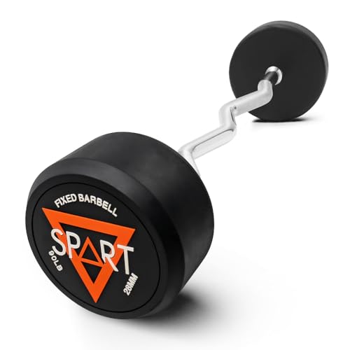 Rubber Coated Fixed Barbell, Pre-Loaded Weights EZ Curl Solid Steel Barbells, Weighted Bar for Weightlifting Exercise, Bodybuilding, Strength Training, Squat Rack & Bench Press, 90LB
