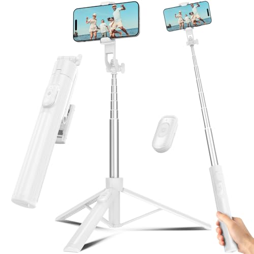 Selfie Stick Travel Tripod for Cell Phone with Remote Control and Phone Holder, Extendable Selfie Stick for iPhone, iPhone Tripod for Video Recording, 63 Inch, White
