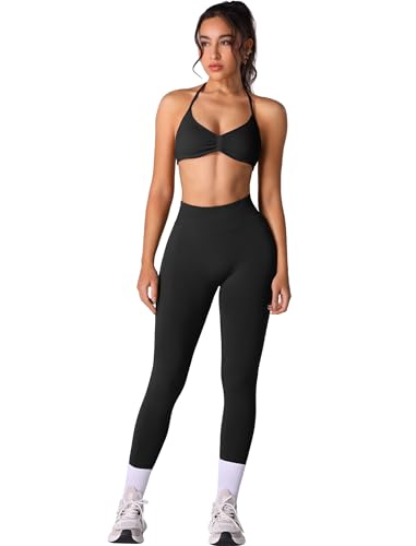 ABOCIW Black Workout Sets for Women 2 Piece Seamless Halter Sports Bra Scrunch Butt High Waist Impact Leggings Gym Yoga Outfits #1 Black Medium