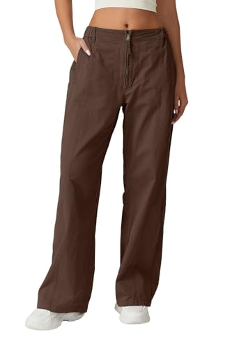 QISNEN Womens Cotton Cargo Pants High Elastic Waist Wide Leg Pants Front Zip Casual Lounge Pants Coffee Bean S