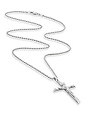 Miabella Rhodium Plated 925 Sterling Silver Small or Large Crucifix Necklace for Men Women, Cross Pendant with Rope Chain, Made in Italy (Large, Length 20 Inches (women's average length))