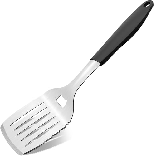 POTWIY 15.8'' Stainless Steel Grill Spatula for Outdoor Grill, 3-in-1 Metal BBQ Spatula Turner with Full Tang Silicone Handle and Serrated Edge, Heavy Duty Barbecue Tools Spatula for Grilling Cooking