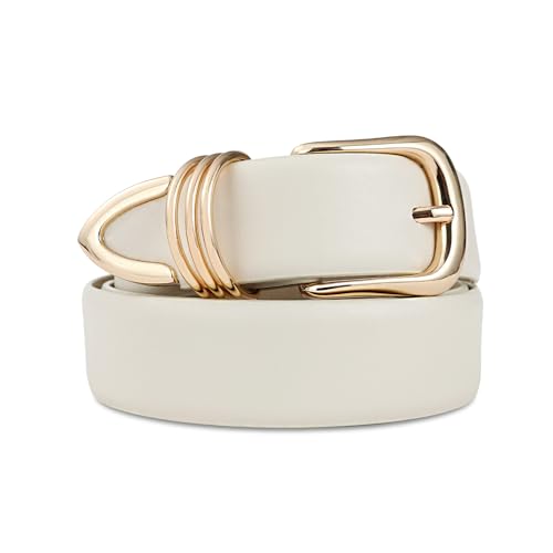RISANTRY Women's Leather Belts for Jeans Dresses, White Leather Waist Belt Fashion Ladies Belts with Gold Buckle