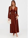 Sissyaki Women's Long Sleeve Velvet Dresses Fall Winter Long Dress Wedding Guest Party Maxi Dress B#Caramel Large