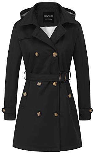 CREATMO US Women's Trench Coats Lightweight Jacket Slim Spring Fall Overcoat Outerwear with Belt Black XL