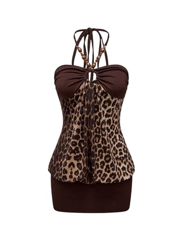 SOLY HUX Women's Y2k Leopard Print Halter Mini Dresses Sleeveless Retro Party Bodycon Dress Brown Leopard Medium