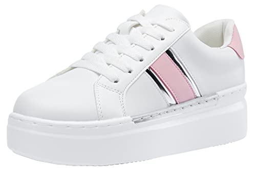 Jeossy Women's Platform Chunky White Pink Casual Sneakers, 8028 Trendy Sneakers So Light Weight, Lace Up Walking Shoes with Arch Support,Memory Foam So Soft, Size 8.5M US(DJY8028 whitepink 08.5)