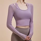 Harssidanzar Women's 2 in 1 Yoga Long Sleeve Mesh Gym Athletic Tops Workout Shirts with Medium Support Sports Bra CL301US, Light Purple, Size Medium