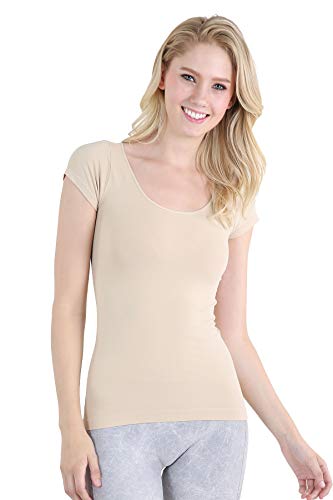 NIKIBIKI Women Seamless Cap Sleeve Scoop Neck Fitted Top, Made in U.S.A, One Size (Stone)