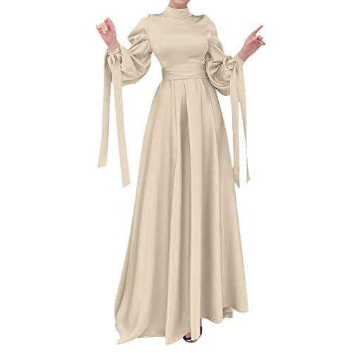 OBEEII Muslim Dress for Women Loose Full Cover Long Abaya Satin Dress with Hijab Kaftan Abayas Islamic Robe Beige Medium