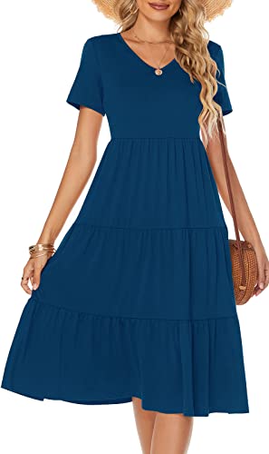 Berydress Summer Dresses for Women Short Sleeve V-Neck Casual Beach Cotton Tiered Midi Sundress (M, 6175-Deep Blue)