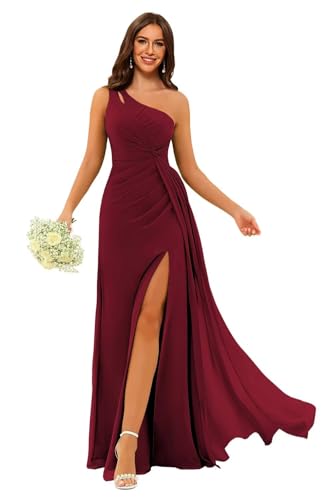 BEAUTFOR Flowy Bridesmaid Dresses Burgundy 2024 with Slit One Shoulder Pleats Chiffon Long Bridesmaid Dresses for Women 12