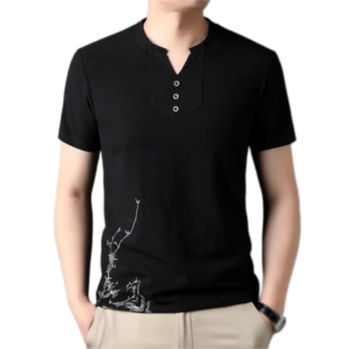 ZUIAI Round Neck Cotton Linen T-Shirt Men's Short Sleeve Men's Vintage Print Ethnic Wind Breathable Tops(D,3XL Code)