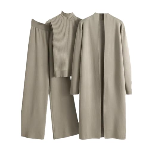 3Pcs Women's Knitted Pants Suit with Cardigan Turtleneck Sweater Set Brown Gray
