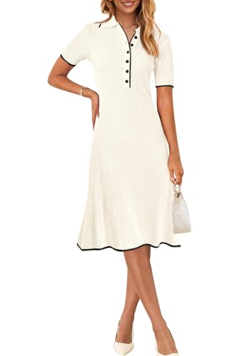 MEROKEETY Women's V Neck Ribbed Knit Midi Dress Short Sleeve Button Elegant Bodycon Sweater Dresses, Beige, Medium