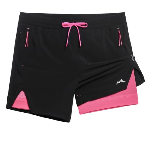 maamgic Men's Athletic Running Shorts with Liner Ultra Lightweight Workout Shorts 5" Quick Dry Gym Shorts with Zipper Pockets Black Pink Medium