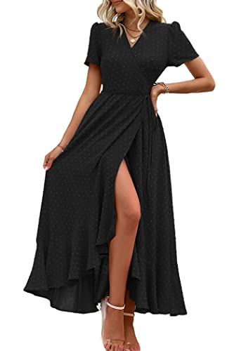 PRETTYGARDEN Women's Summer Wrap Maxi Dress Casual Boho Floral V Neck Short Sleeve Ruffle Hem Split Beach Long Dresses (Z_Black,XX-Large)