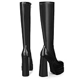 wetkiss Knee High Platform Boots - Stretch Leather Black Gogo Boots with Square Toe and Chunky Heel for Women - 70s Inspired Tall Boot