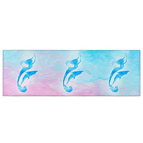 Ombre Blue Pink Kitchen Rug, Ocean Shark Colorful Mer-Maid Silhouette Washable Bath Shower Door Welcome Runner Area Rug Mat Carpet for Bedroom Bathroom Living Room Accent Throw Desk Rug, 20x47