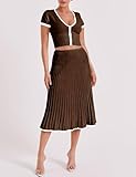 Tanming Women's Two Piece Skirt Set Casual Short Sleeve Crop Top Ribbed Knit Midi Pleated Skirt(Brown-XS)