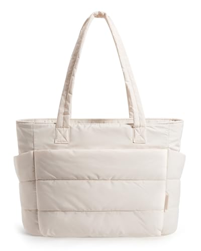 BAGSMART Tote Bag for Women, Lightweight Puffy Tote Bag with Compartments Shoulder Bag Handbag Quilted Shoulder Bag Handbag for Travel, Work, Beach, Gym, Shop(Beige)