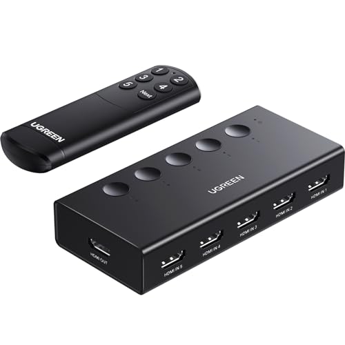 UGREEN HDMI Switch 5 in 1 Out 4K@60Hz, HDMI Splitter with Remote 5 Port Switcher Selector Box Support 3D CEC HDR HDCP2.2 Compatible with PS5/4/3 Xbox Nintendo Switch Roku TV Fire Stick Black