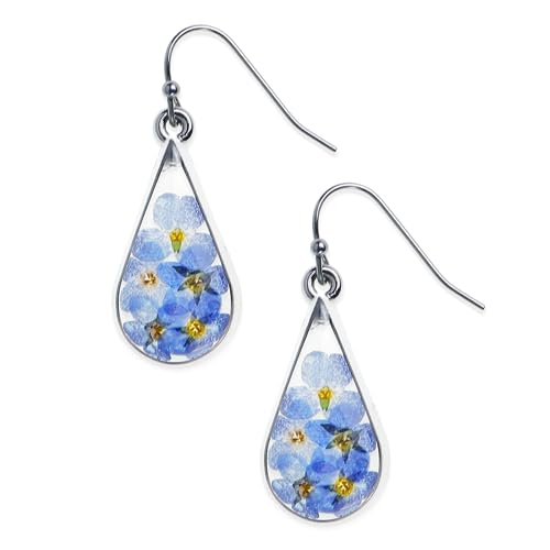 JeanBeau Handmade Pressed Flower Earrings for Women, Forget-Me-Not and Queen Anne's Lace Wildflower Resin Blue Nature Dried Teardrop Dangle Drop Statement Floral Earings Fashion Jewelry Gift