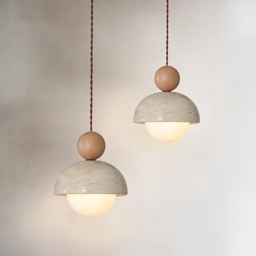 JIANTLAIUS 2PCS Japanese Wabi-Sabi Yellow Travertine Pendant Lamp Natural Stone Shade Pendant Light with Wood Hanging Light G9 Nordic Mini Pendant Lighting for Kitchen Island Dining Room