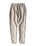 IXIMO Women's Tapered Pants 100% Linen Drawstring Back Elastic Waist Pants Trousers with Pockets Khaki M